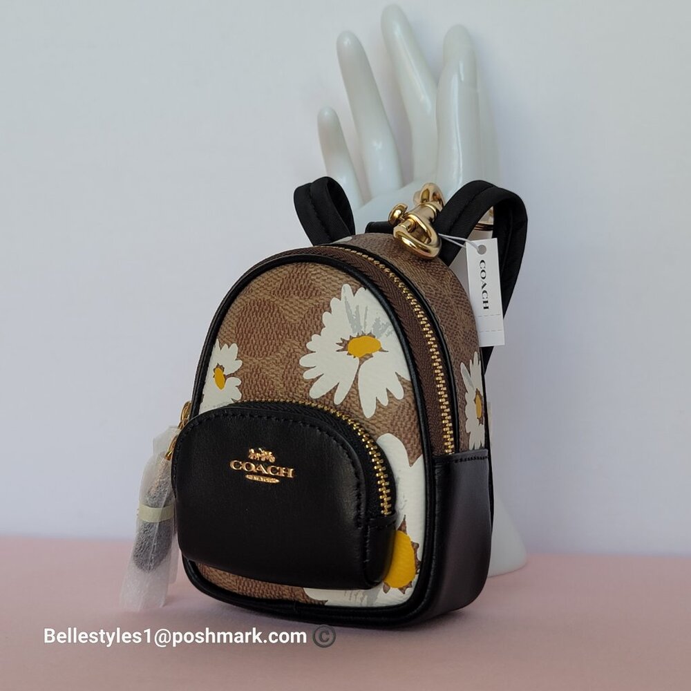 COACH Mini Court Backpack Bag Charm In Signature Canvas With Floral Print-Tan🎈⭐ - Picture 7 of 16